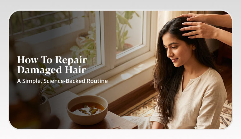 Damaged hair repair routine with healthy, smooth-looking hair.