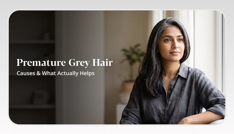 Premature grey hair showing grey strands and hair changes.