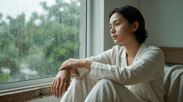 Fresh clean skin near rain-speckled window