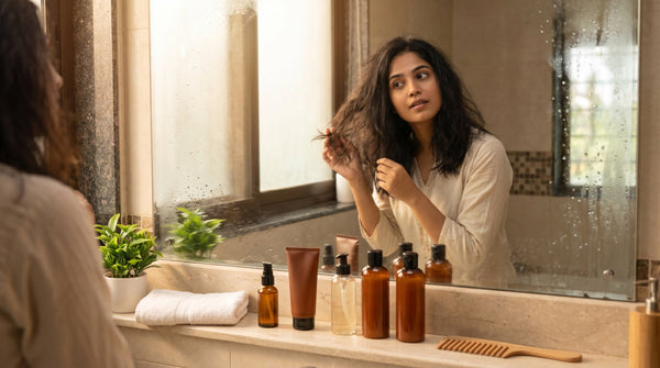 Frizzy hair in humid Indian weather with anti-frizz products on a bathroom vanity