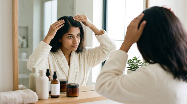 Stress and hair fall concept showing woman examining hair brush