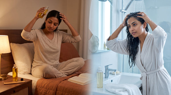 Indian woman smoothing frizzy hair beside a rainy window