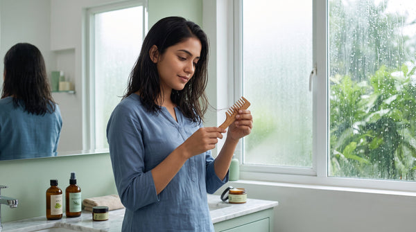 Indian woman using a gentle skincare routine beside a rainy window