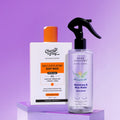 Two skincare products on a purple background, one labeled &