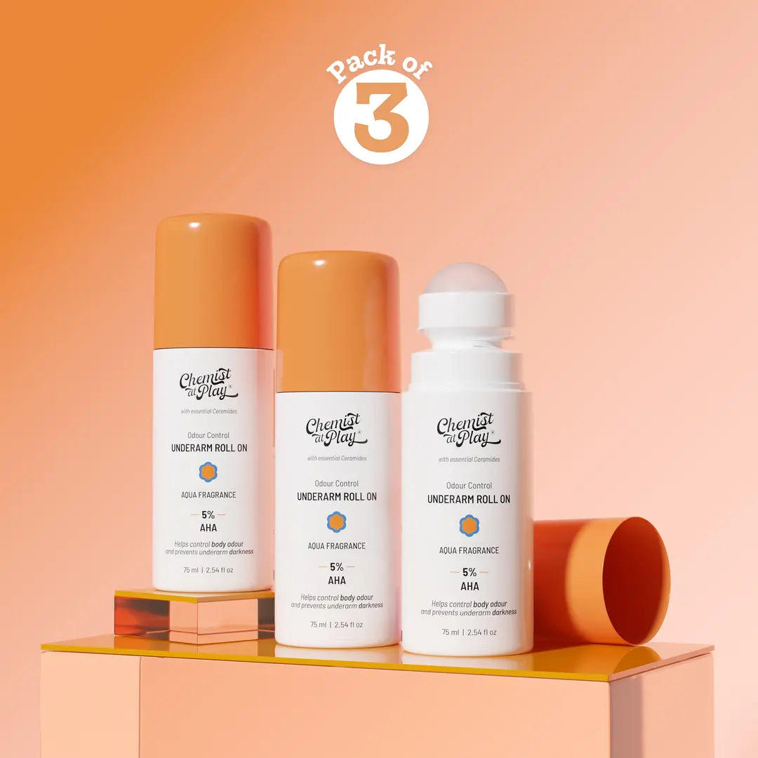 5% AHA Underarm Roll-On with Lactic Acid for Odour Control (Aqua) - 75 ml | Pack of 3