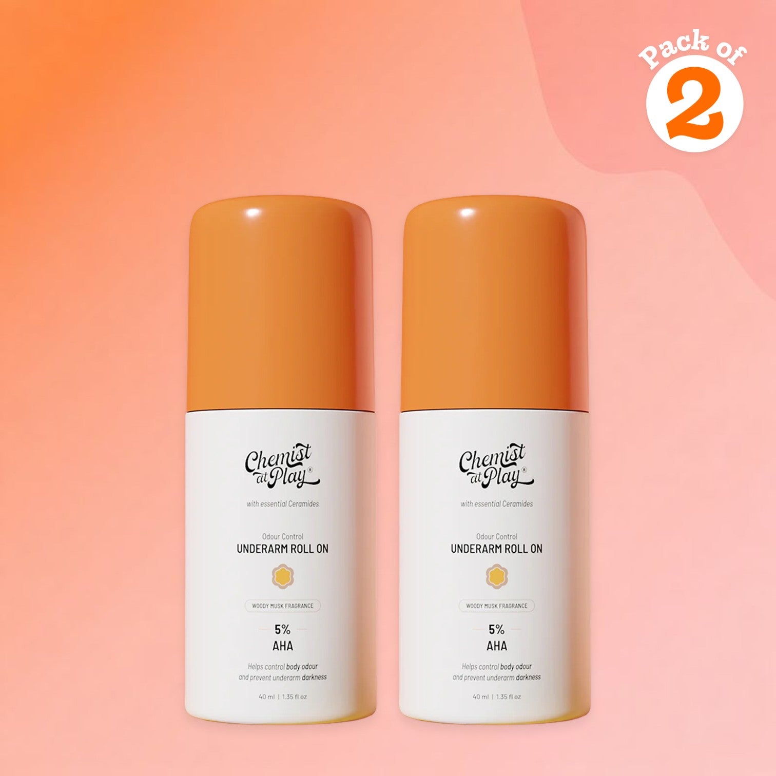 Underarm Roll On for Odour Control & Pigmentation (Woody Musk) - 40 ml | Pack of 2