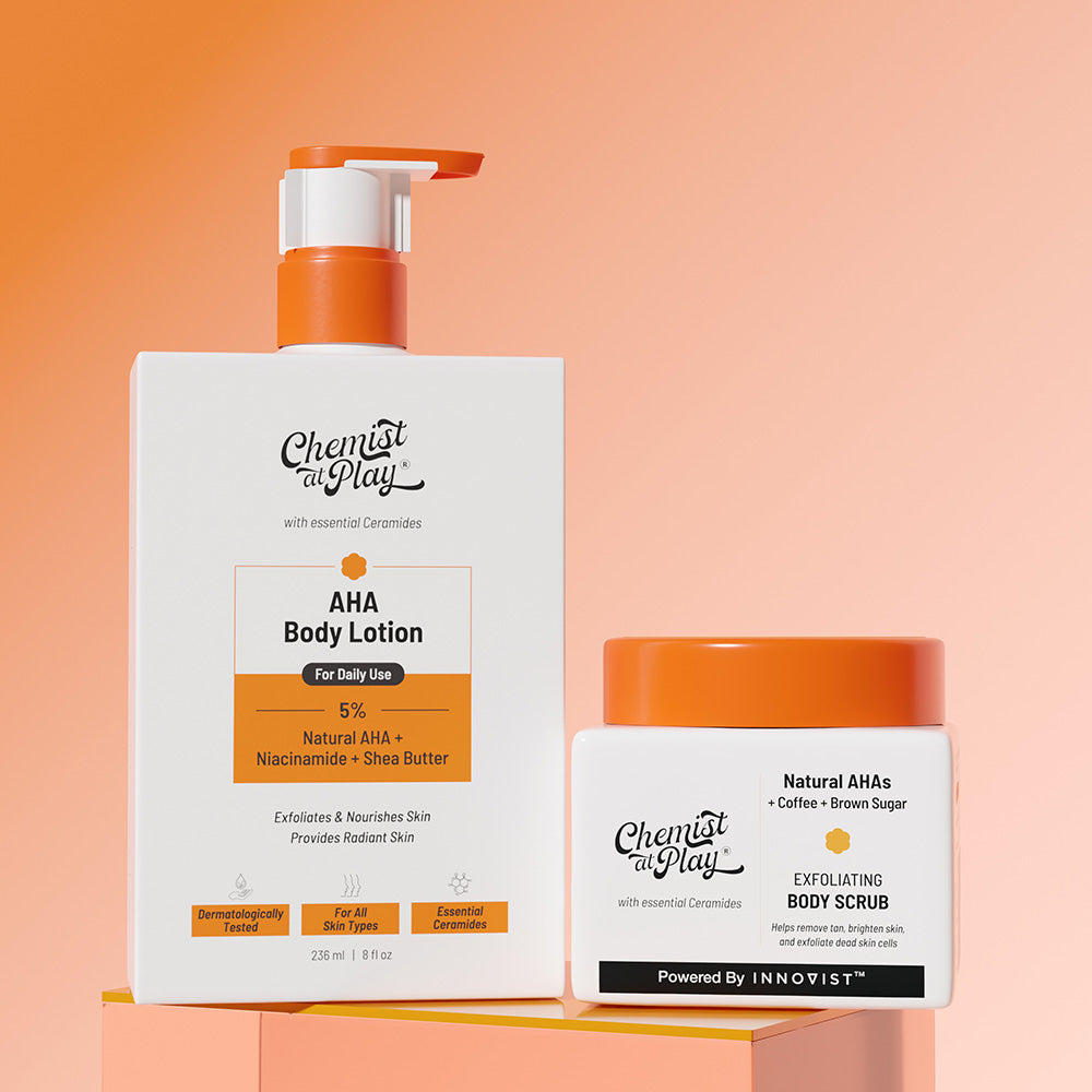 Exfoliation Essentials Set (Exfoliating Body Scrub - 75 gm | AHA Body Lotion - 236 ml)