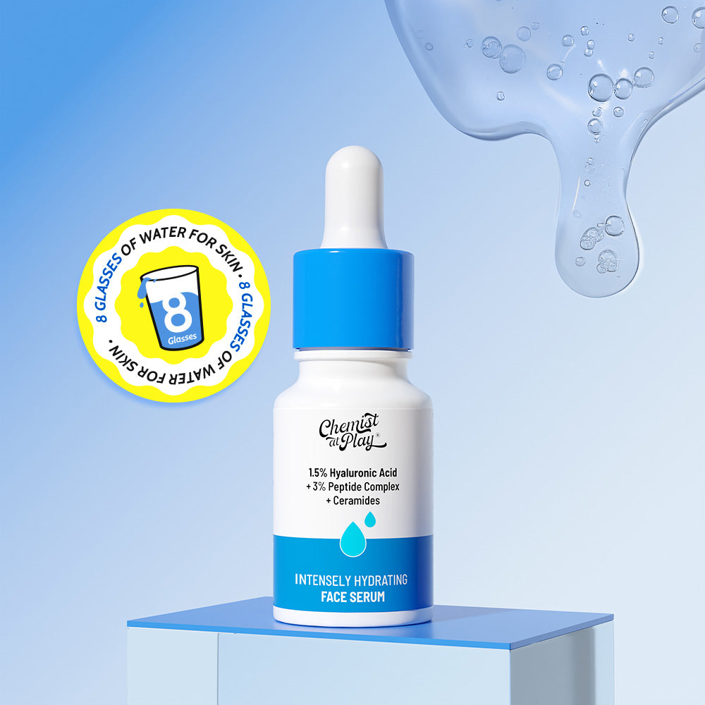 Chemist & Apothecary face serum bottle with dropper on a blue background