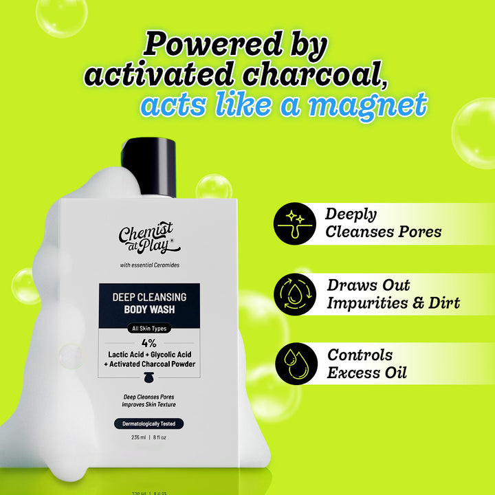 Deep Cleansing Body Wash with Activated Charcoal, Lactic & Glycolic Acid - 236 ml