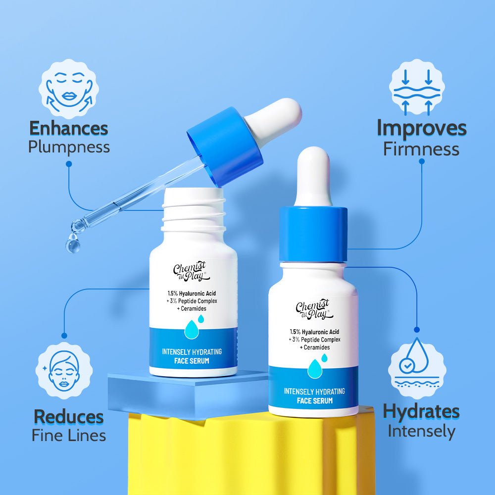 Two bottles of Chemical Play Intensely Hydrating Face Serum with droppers on a blue background.