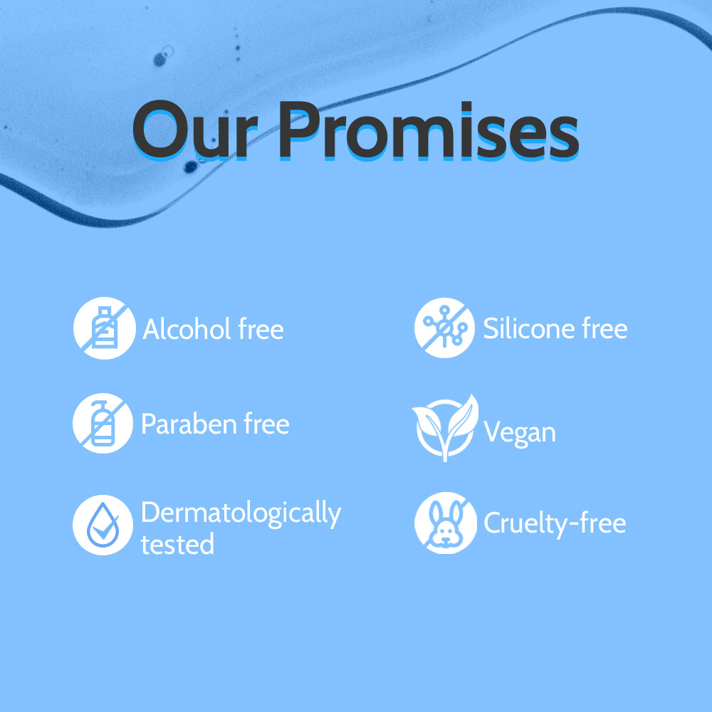 Promises of product safety and ethics on a blue background with icons and text.