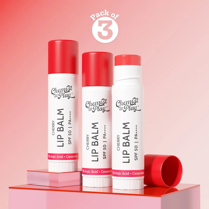 Cherry Lip Balm for Chapped & Pigmented Lips | SPF 50 PA++++ & Kojic Acid | 4.5 gm | Pack of 3