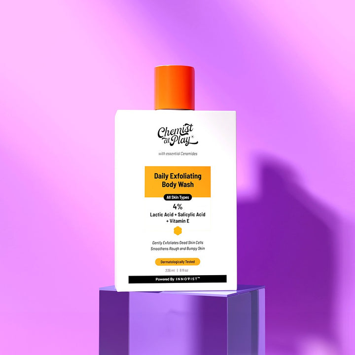 A bottle of daily cleansing body lotion displayed against a vibrant purple background, promoting smoother, brighter skin.