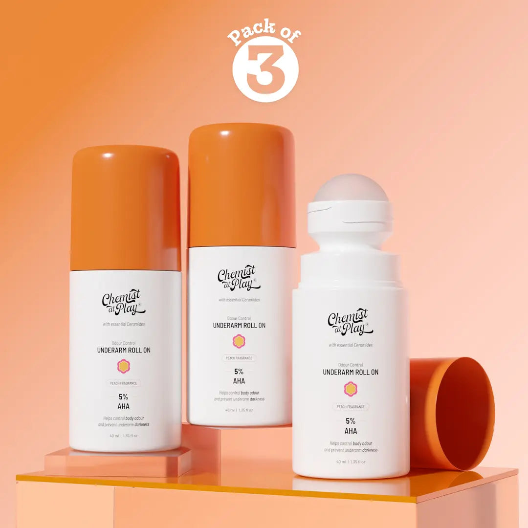 5% AHA Underarm Roll-On with Lactic Acid for Odour Control (Peach) - 40 ml | Pack of 3