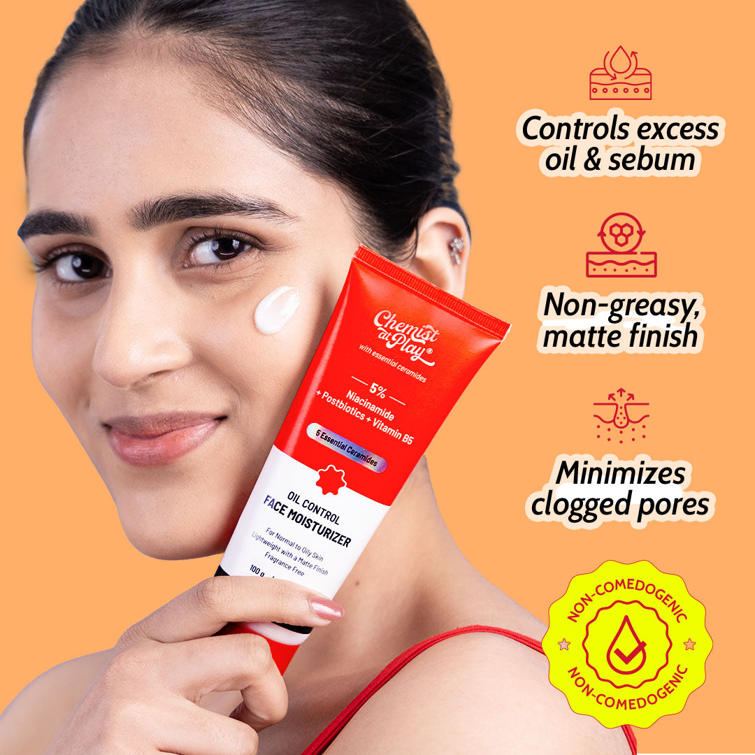 Woman holding a tube of face moisturizer with product features on an orange background