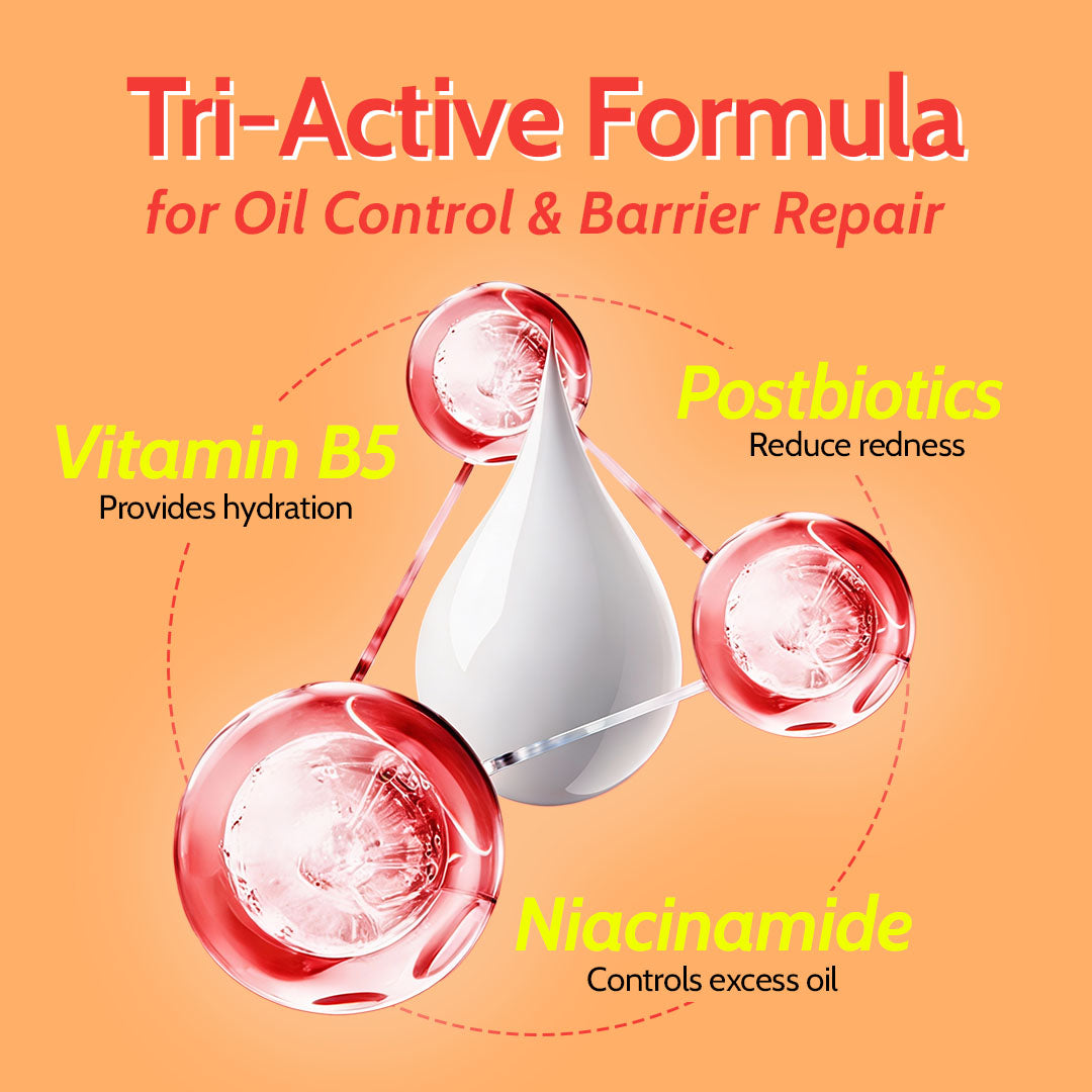 Cosmetic product with Tri-Active Formula for oil control and barrier repair on an orange background.