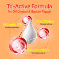 Cosmetic product with Tri-Active Formula for oil control and barrier repair on an orange background.