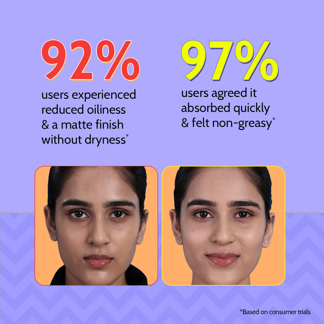 Two faces with user feedback on oil control and texture on a purple background