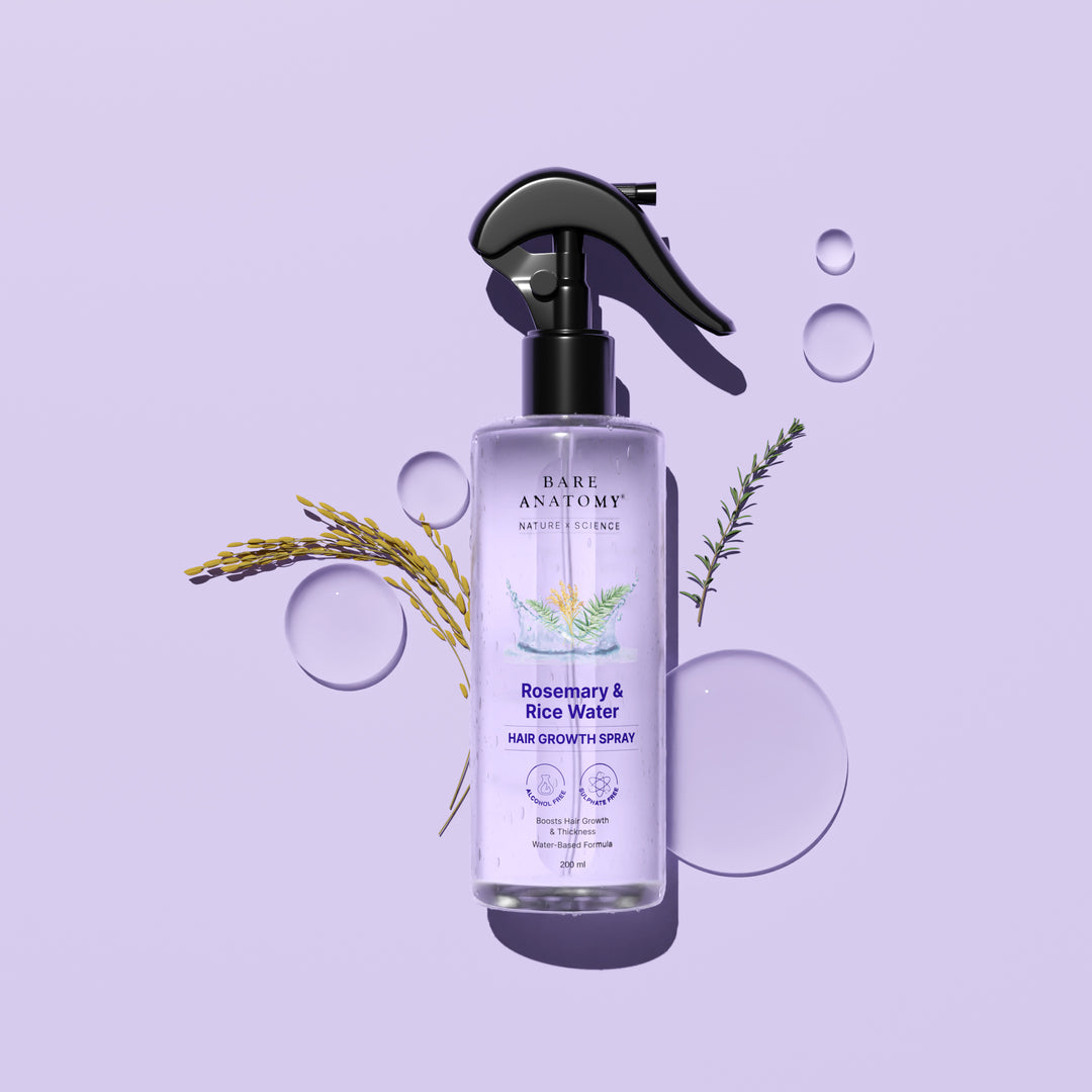 A bottle of lavender spray against a purple background, symbolizing natural hair care and growth enhancement.
