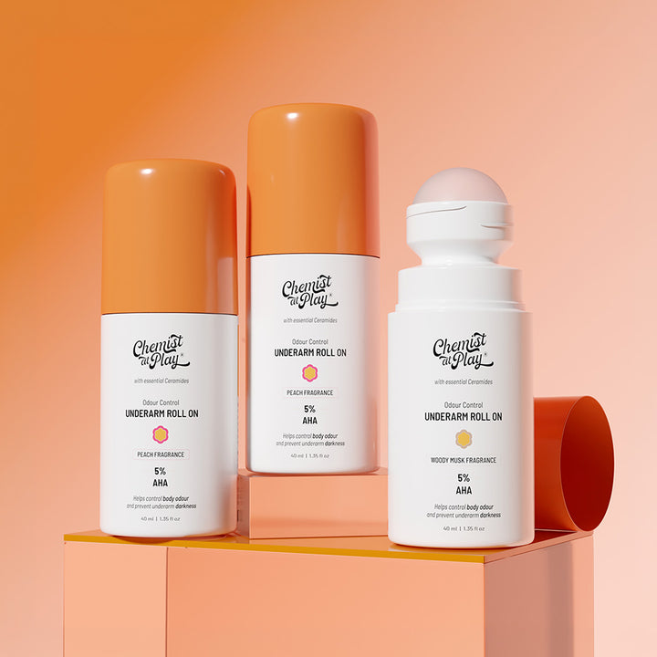 5% AHA Underarm Roll On for Odour Control & Pigmentation - Peach & Woody Musk - 40 ml | Pack of 3