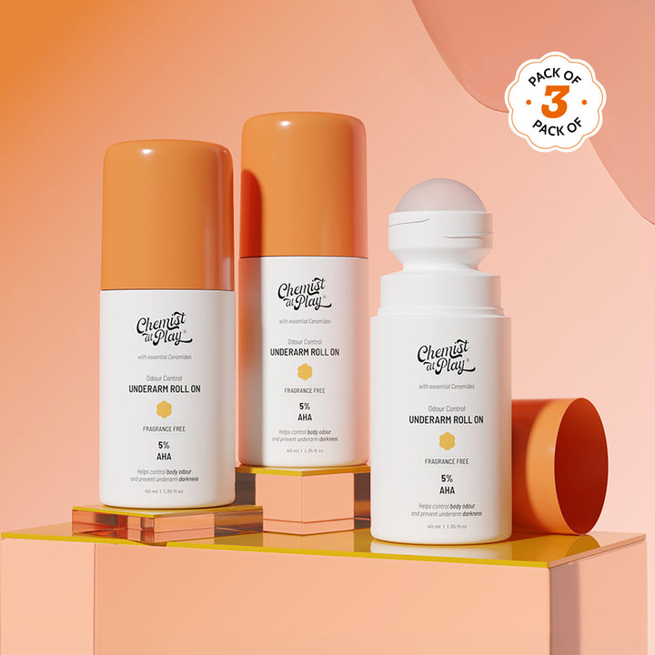 5% AHA Underarm Roll On for Odour Control & Pigmentation (Fragrance Free) - 40 ml | Pack of 3